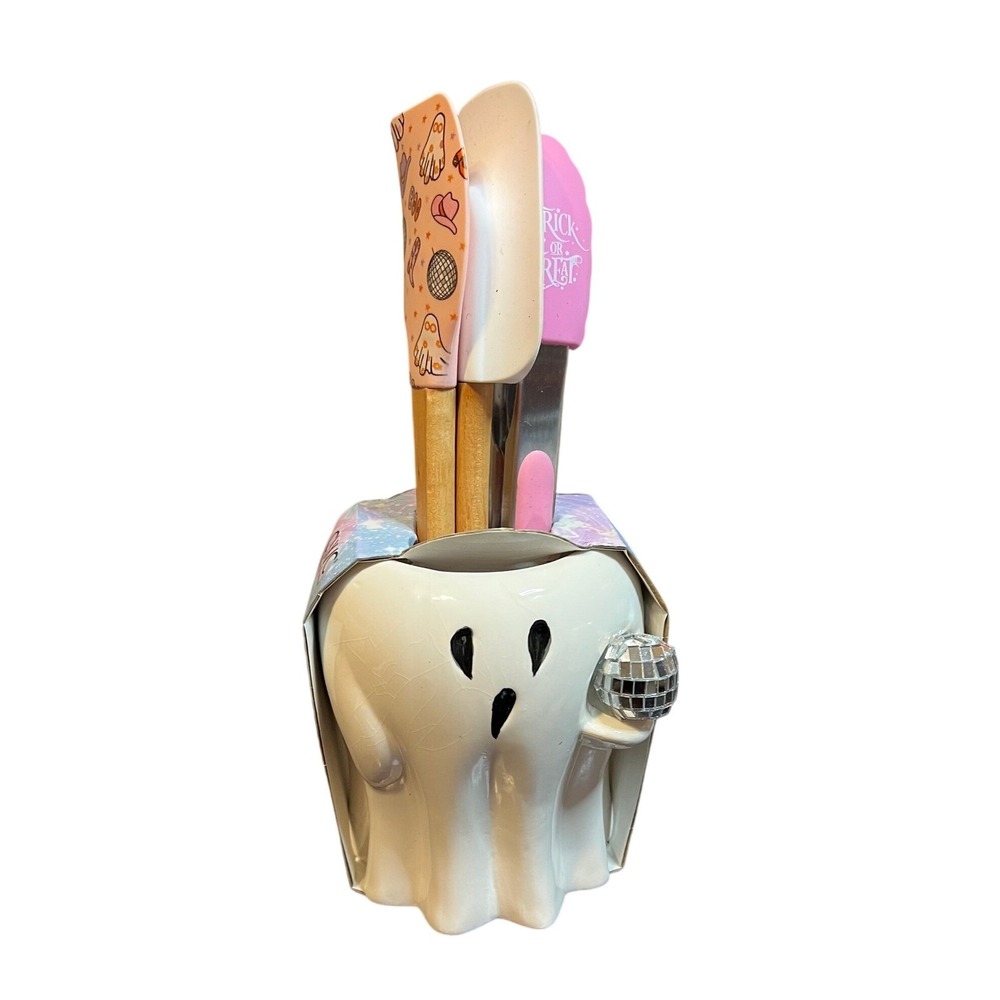 Halloween Cook With Color Pink 4 Piece Utensil & Crock Set Ghost Home Decor